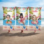 Personalized Tropical Plants Cartoon Character Quick Dry Oversized Beach Towel with Name Summer Vacation Party Birthday Gift for Women Girls