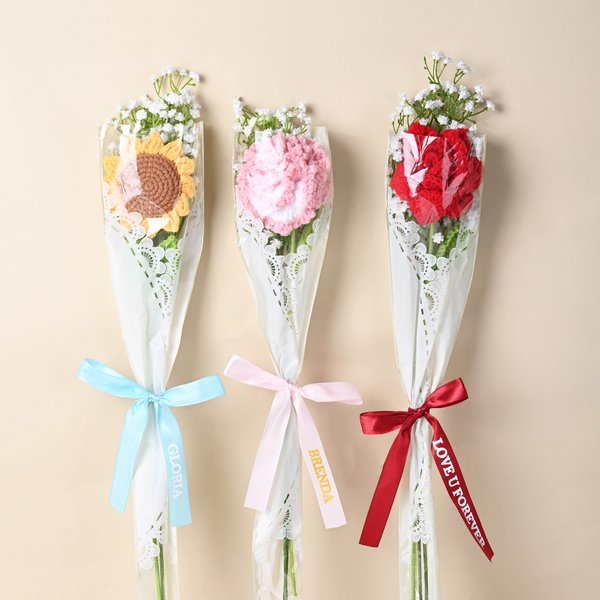 Gepersonaliseerde Zonnebloem Roos Eeuwig houdbaar Corchet Bloemen met Tekst Lint Set van 3 Bruiloft Favoriet Verjaardagscadeau voor Gast Bruidsmeisje