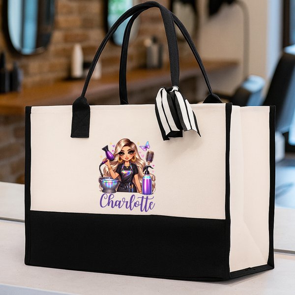 Personalised Stylish Cartoon Barber Large Canvas Tote Bag with Name Travel Accessory Salon Opening Birthday Gift for Hairdresser Friends