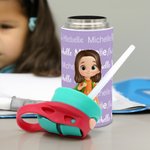Personalized Cartoon Kid Character Word Cloud 12oz Kids Insulated Water Bottle with Handle and Silicone Straw Birthday Gift for Boys Girls