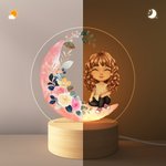 Spersonalizowana lampka nocna LED Moon Flower z drewnianą podstawą i imieniem Prezent urodzinowy dla dziewczynek i chłopców