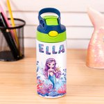Personalized Fantasy Mermaid 12 oz Insulated Water Bottle with Name and Spill-proof Lid Back to School Birthday Gift for Girls