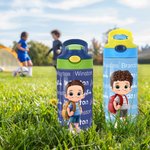 Personalized Cartoon Kid Character Word Cloud 12oz Kids Insulated Water Bottle with Handle and Silicone Straw Birthday Gift for Boys Girls