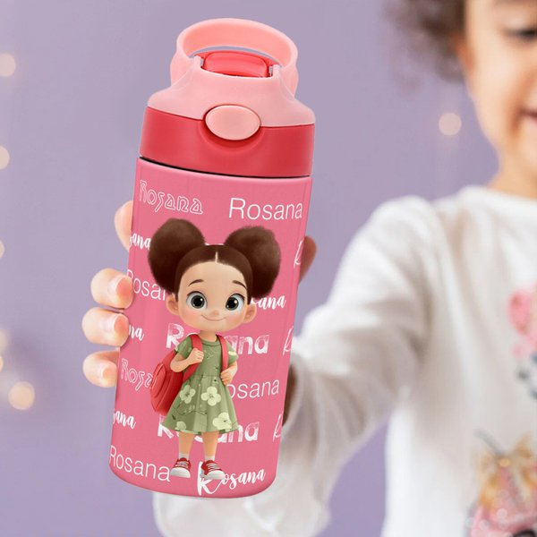 Personalized Cartoon Kid Character Word Cloud 12oz Kids Insulated Water Bottle with Handle and Silicone Straw Birthday Gift for Boys Girls