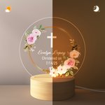 Personalized Flower Leaf Wreath Cross LED Night Light with Text and Wooden Base Home Decor Baptism Confirmation Baby Shower Gift for Kids