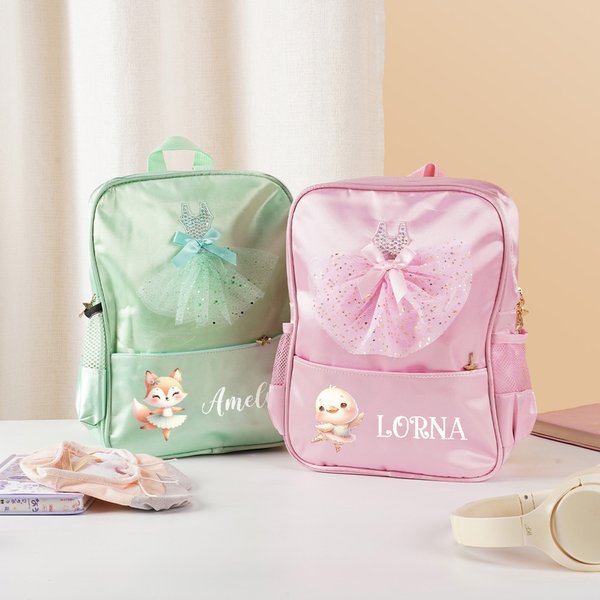 Personalised Mesh Ballet Skirt Cartoon Ballet Animals Name Backpack with Zipper and Side Pockets Birthday Back to School Gift for Boys Girls