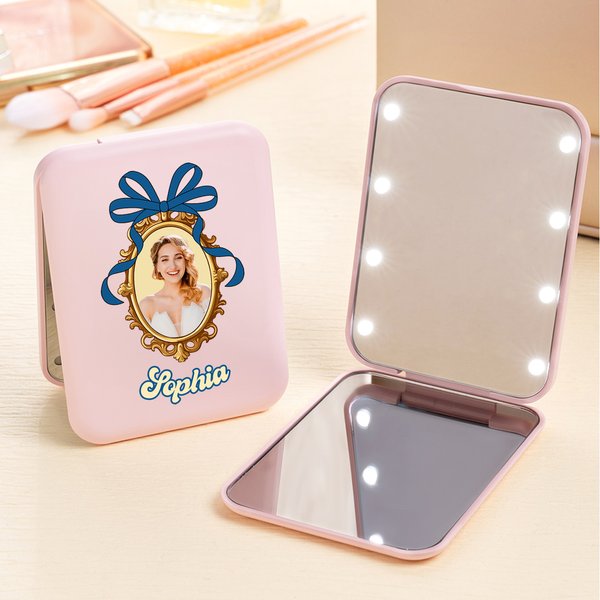 Personalised Princess Photo Frame Pocket Makeup Mirror with Name and LED Mirror Travel Essentials Birthday Gift for Women