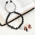 Personalizada Ojo de Tigre Negro Gallstone Ajustable Foto Proyección Cuentas Pulsera con Cruz Colgante Aniversario Cumpleaños Regalo para Cristianos Amigos