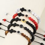 Personalizada Ojo de Tigre Negro Gallstone Ajustable Foto Proyección Cuentas Pulsera con Cruz Colgante Aniversario Cumpleaños Regalo para Cristianos Amigos