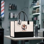Personalised Stylish Cartoon Barber Large Canvas Tote Bag with Name Travel Accessory Salon Opening Birthday Gift for Hairdresser Friends