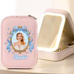Personalized Princess Photo Frame PU Leather Travel Jewelry Box with Name and LED Makeup Mirror Birthday Wedding Bridal Shower Gift for Girls Brides