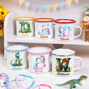 Henkilökohtainen Fantasy yksisarvinen dinosaurus 12 oz monivärinen reunus emali muki nimi ja alkuperäinen syntymäpäivä takaisin kouluun lahja lapsille