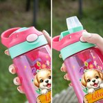 Personalized Cute Fawn Kitten Cartoon Animal Pattern Name Water Bottle with Silicone Straw and Handle Birthday Back to School Gift for Boys Girls