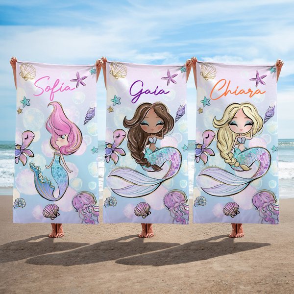 Telo mare personalizzato con nome e sirena oversize asciugatura rapida essenziale per vacanze al mare regalo per bambine e ragazze