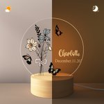Henkilökohtainen Syntymä Kukka Akryyli LED yövalo puinen pohja ja nimi Home Decor Syntymäpäivä Äitienpäivä Morsiusneito lahja hänelle