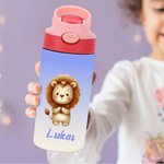 Personalisierte Cartoon Tier Kinder Isolierte Trinkflasche mit Namen und Silikon-Strohhalm 355 ml Schultüte Füllung Einschulung Geschenk für Kinder