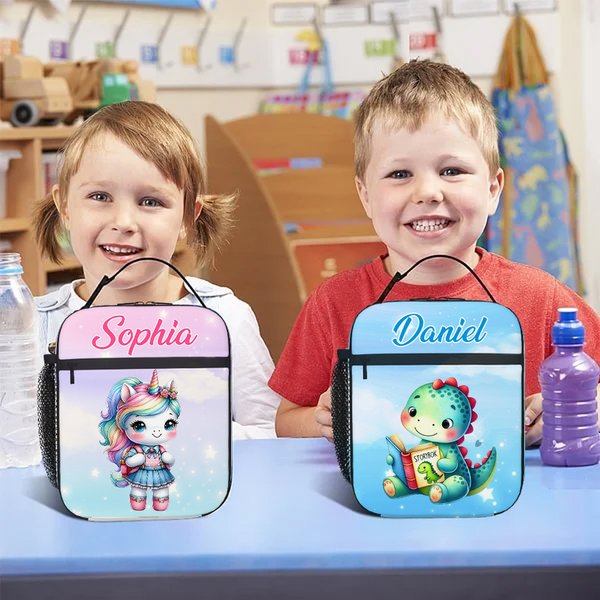 Spersonalizowana wodoodporna torba na lunch z imieniem i nazwiskiem Cute Dinosaur Fantasy Unicorn Portable Back to School Work Picnic Gift for Kids