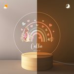 Personalized Rainbow Initial Floral Peter Rabbit LED Night Light with Wooden Base and Name Date Nursery Decor Birthday Baby Shower Gift for Kids
