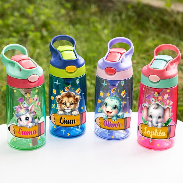 Personalisierte Niedliche Reh Kätzchen Cartoon Tiermuster Wasserflasche mit Namen Strohhalm Geburtstag Zurück zur Schule Geschenk für Jungen Mädchen