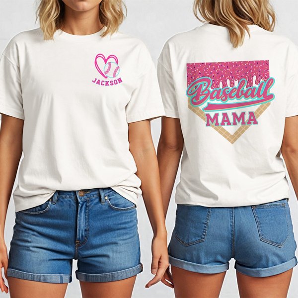 Personalized Ice Cream Drip Baseball Mama 100% Cotton T-shirt with Name Birthday Baseball Game Gift for Baseball Mom Baseball Lovers