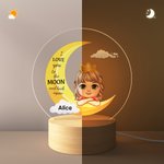 Personalized I Love You To The Moon Dreamy Cartoon Girl Boy LED Night Light with Wooden Base and Name Nursery Room Decor Birthday Gift for Kids