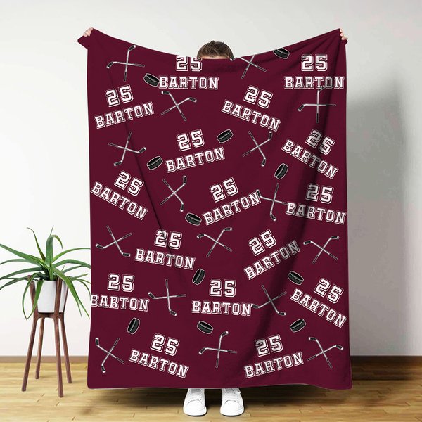 Personalized Multicolour Ice Hockey Stick Soft Throw Blanket with Name and Number Home Decor Birthday Anniversary Gift for Hockey Players Fans