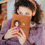 Personalised 3D Cartoon Character Birth Flower A5 PU Leather Notebook Cover with Name and Storage Pocket Birthday Travel Essentials Gift for Women
