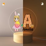 Personalized Cute Holding Easter Egg Cartoon Boy Girl Initial LED Night Light with Wooden Base and Name Easter Room Decor Birthday Gift for Kids