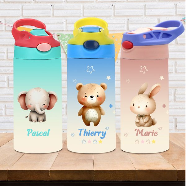 Bouteille Isotherme 355 ml Personnalisée avec Nom et Motif d'Animal Essentiel avec Anse et Paille Cadeau Anniversaire pour Enfant