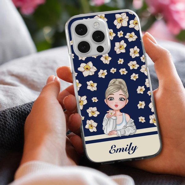 Personalised Cartoon Girl Flying Birth Flower Multicolor TPU Phone Case for iPhone with Name Fashion Accessories Holiday Birthday Gift for Women