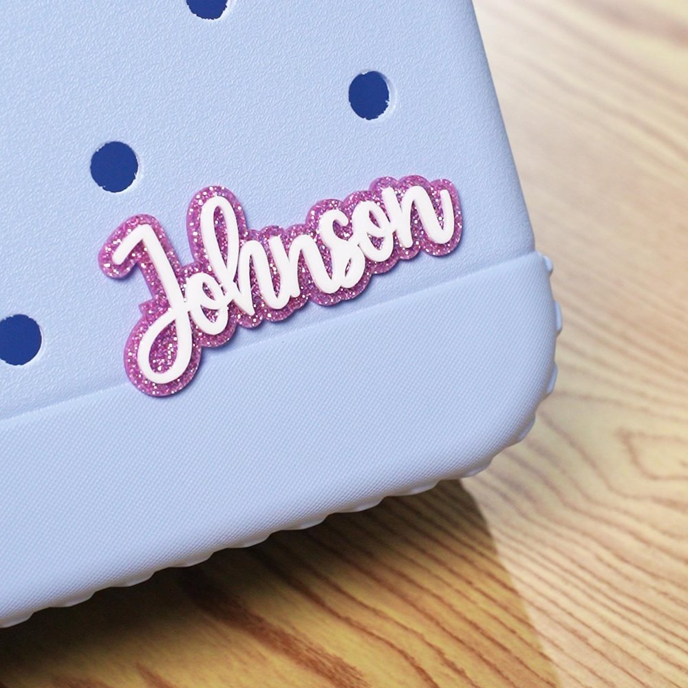 Personalized Multicolor Glitter Name Acrylic Bag Button Charm Accessories for Bogg Birthday Beach Party Summer Vacation Gift for Her 3