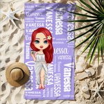 Personalised Cartoon Word Cloud Characters Quick Dry Oversized Beach Towel with Name Summer Beach Party Travel Essentials Birthday Gift for Women