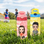 Bouteille d’Eau Isolante 355 ml Personnalisée avec Personnage de Dessin Animé et Nuage de Mots du Nom Cadeau de Rentrée Scolaire pour Enfants