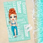 Personalised Cartoon Word Cloud Characters Quick Dry Oversized Beach Towel with Name Summer Beach Party Travel Essentials Birthday Gift for Women