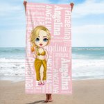 Personalised Cartoon Word Cloud Characters Quick Dry Oversized Beach Towel with Name Summer Beach Party Travel Essentials Birthday Gift for Women