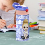 Bouteille d’Eau Isolante 355 ml Personnalisée avec Personnage de Dessin Animé et Nuage de Mots du Nom Cadeau de Rentrée Scolaire pour Enfants