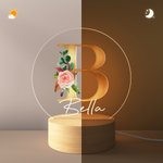 Personalizada Floral Inicial Nombre Combinación LED Luz de Noche con Base de Madera Linda Decoración de Habitación Cumpleaños Baby Shower Regalo para Niños