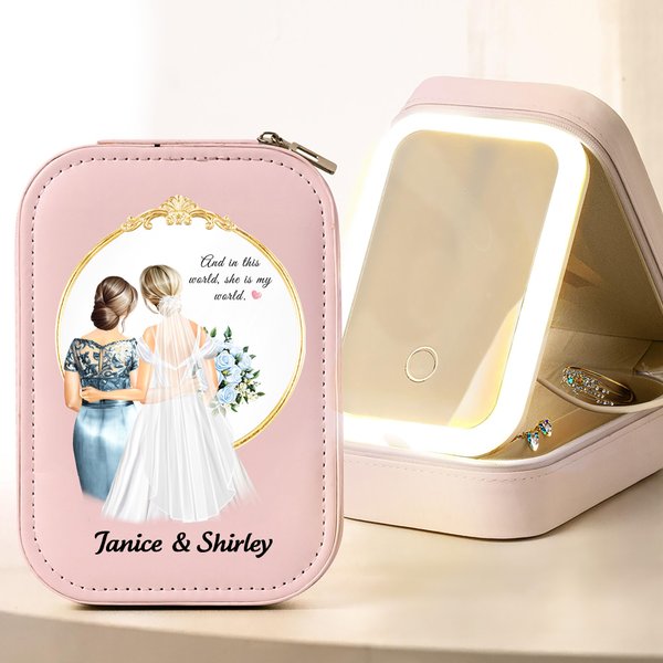 Personalizowane pudełko na biżuterię ze skóry PU z imionami i regulowanym lusterkiem do makijażu LED Prezent ślubny dla narzeczonych