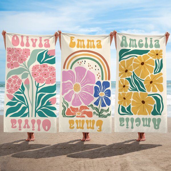 Personalized Multicolor Floral Quick Dry Oversized Beach Towel with Name Travel Essentials Birthday Summer Vacation Party Gift for Women
