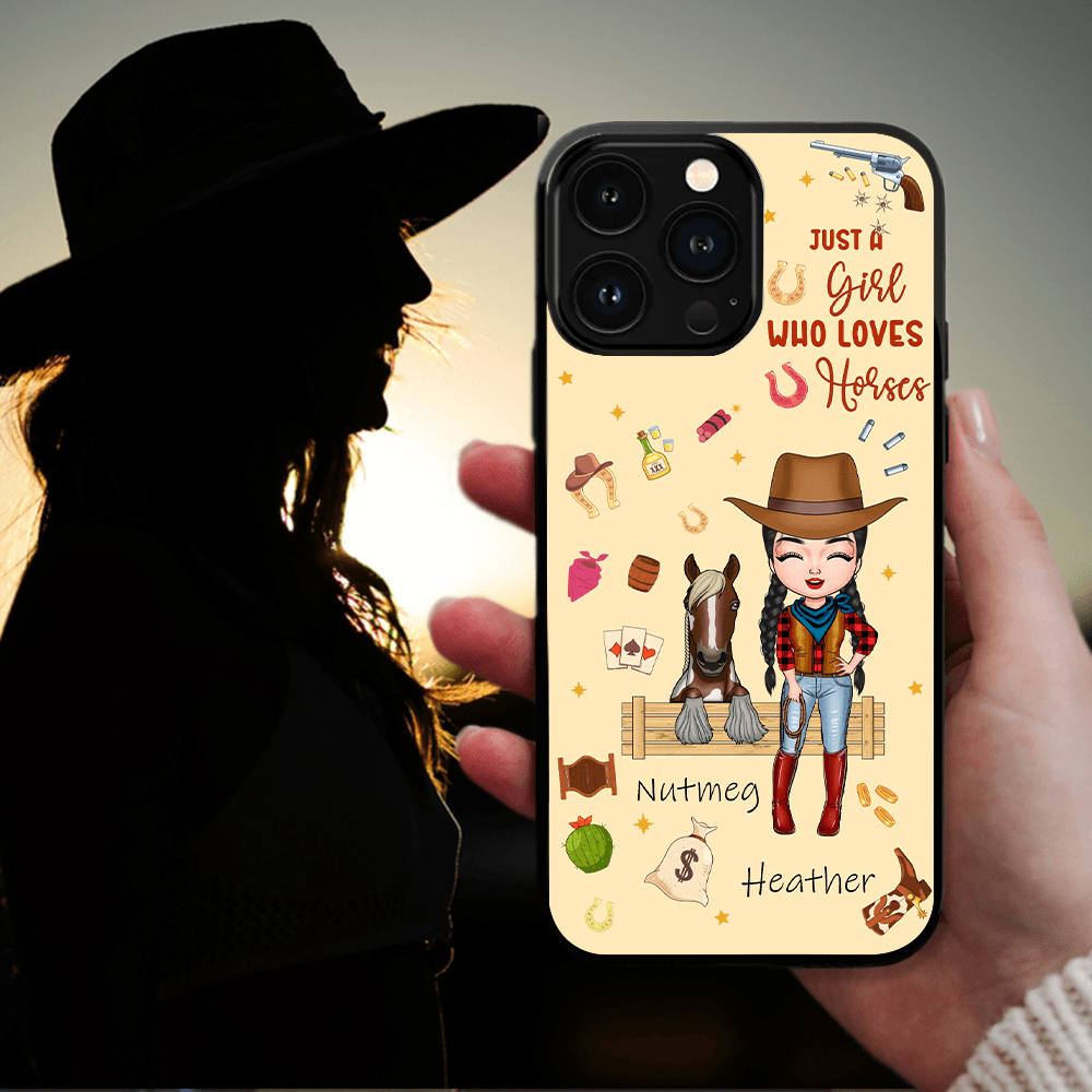 Personalized Western Cowgirl and Horse Clipart Phone Case with Name, Silicone Phone Cover for iPhone, Birthday/Anniversary Gift for Horse Lovers/Women
