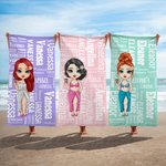 Personalised Cartoon Word Cloud Characters Quick Dry Oversized Beach Towel with Name Summer Beach Party Travel Essentials Birthday Gift for Women