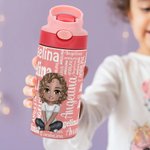 Bouteille d’Eau Isolante 355 ml Personnalisée avec Personnage de Dessin Animé et Nuage de Mots du Nom Cadeau de Rentrée Scolaire pour Enfants