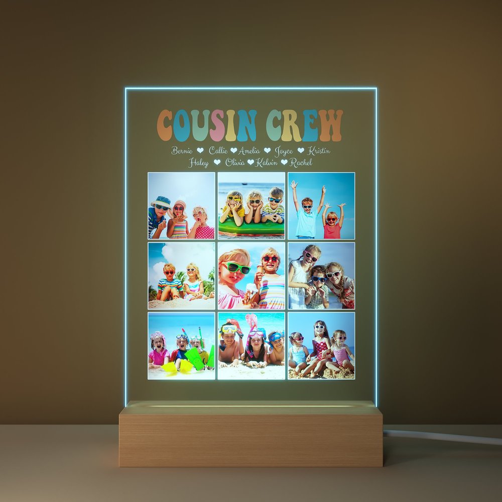 Personalized Cousin Crew Photo Collage 1-20 Names LED Night Light with Wood Base Housewarming Christmas Gift for Family 5