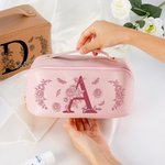 Personalized Floral Initial Wide Opening PU Leather Makeup Bag with Name Travel Essentials Birthday Anniversary Gift for Women
