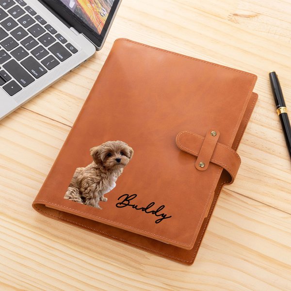 Personalised Pet Face Photo PU Leather A5 Sketchbook Notebook Cover with Name and Storage Pocket Birthday Anniversary Gift for Pet Lover