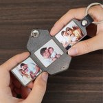 Porte-Clés en Cuir PU Personnalisé avec 3 Photos de Famille et Texte Gravé Cadeau Anniversaire Fête des Pères pour Papa Mari