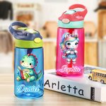 Borraccia da 475 ml personalizzata con motivo dell'unicorno o dinosauro con cannuccia in silicone e manico regalo di rientro a scuola per bambini