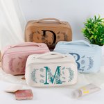 Personalized Floral Initial Wide Opening PU Leather Makeup Bag with Name Travel Essentials Birthday Anniversary Gift for Women