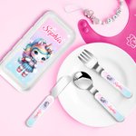 Personalisierte niedliche Dinosaurier Fantasy Einhorn Safe Edelstahl Kinder Gabel Löffel Messer 3 Stück Besteck Set mit Fall und Name Geburtstag Geschenk für Kinder