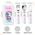 Personalisierte niedliche Dinosaurier Fantasy Einhorn Safe Edelstahl Kinder Gabel Löffel Messer 3 Stück Besteck Set mit Fall und Name Geburtstag Geschenk für Kinder